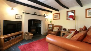 A living room with a fireplace, leather sofa, wooden entertainment unit, and a red rug.