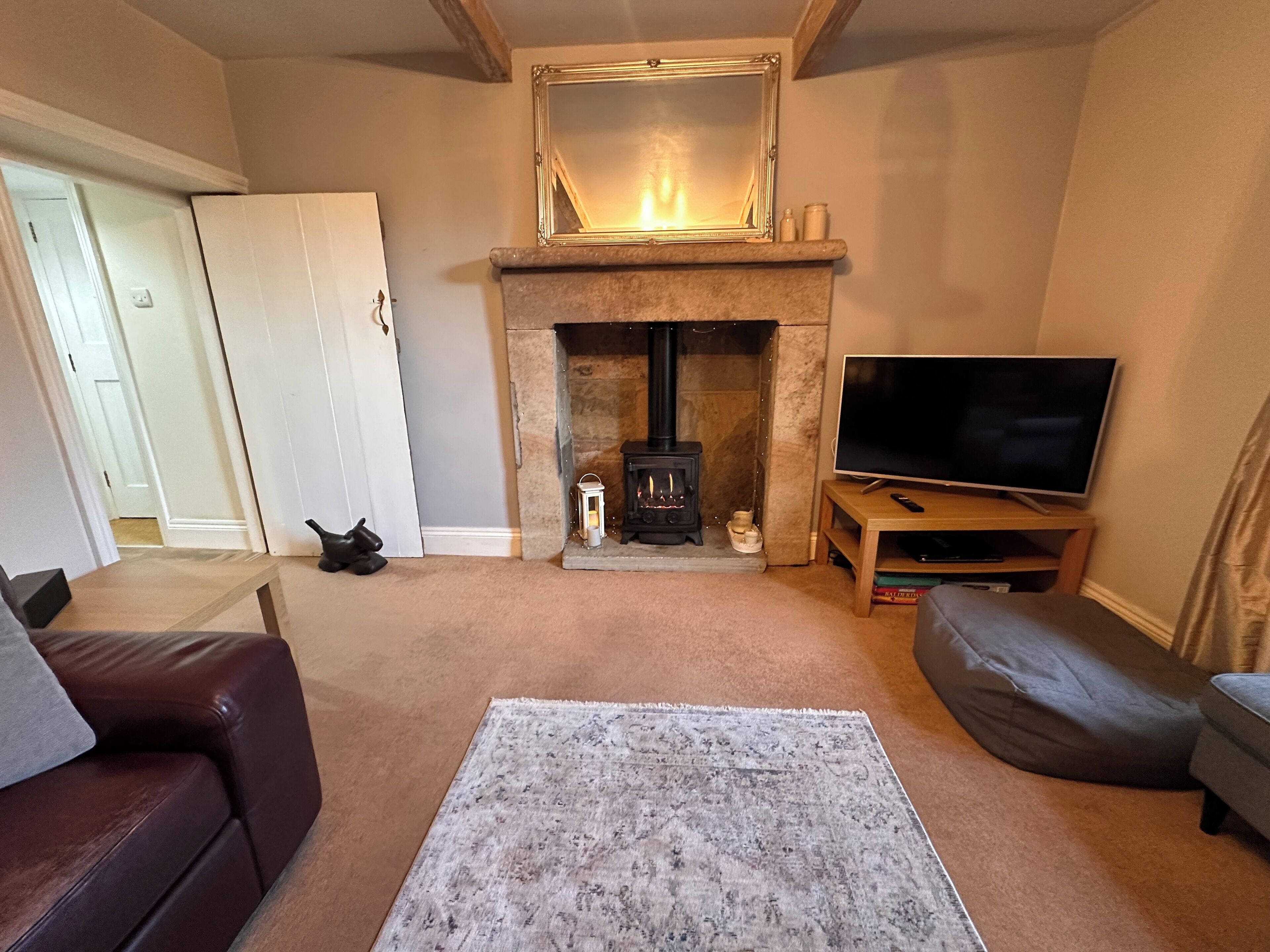 Smart TV, fireplace, video games, DVD player