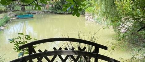 Eine hölzerne Bank mit Gitterlehnen, die auf einen Teich blickt.