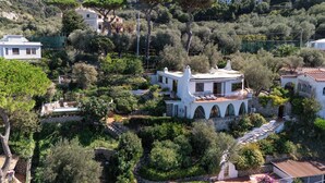 Eine weiße Villa mit einer Rundkuppel, umgeben von üppiger Vegetation und weiteren Gebäuden.