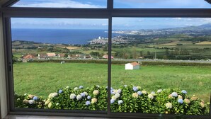 Une vue à travers une grande fenêtre en arc d’où l’on aperçoit un paysage verdoyant, avec un petit bâtiment blanc, une route et une ville lointaine au bord de la mer.