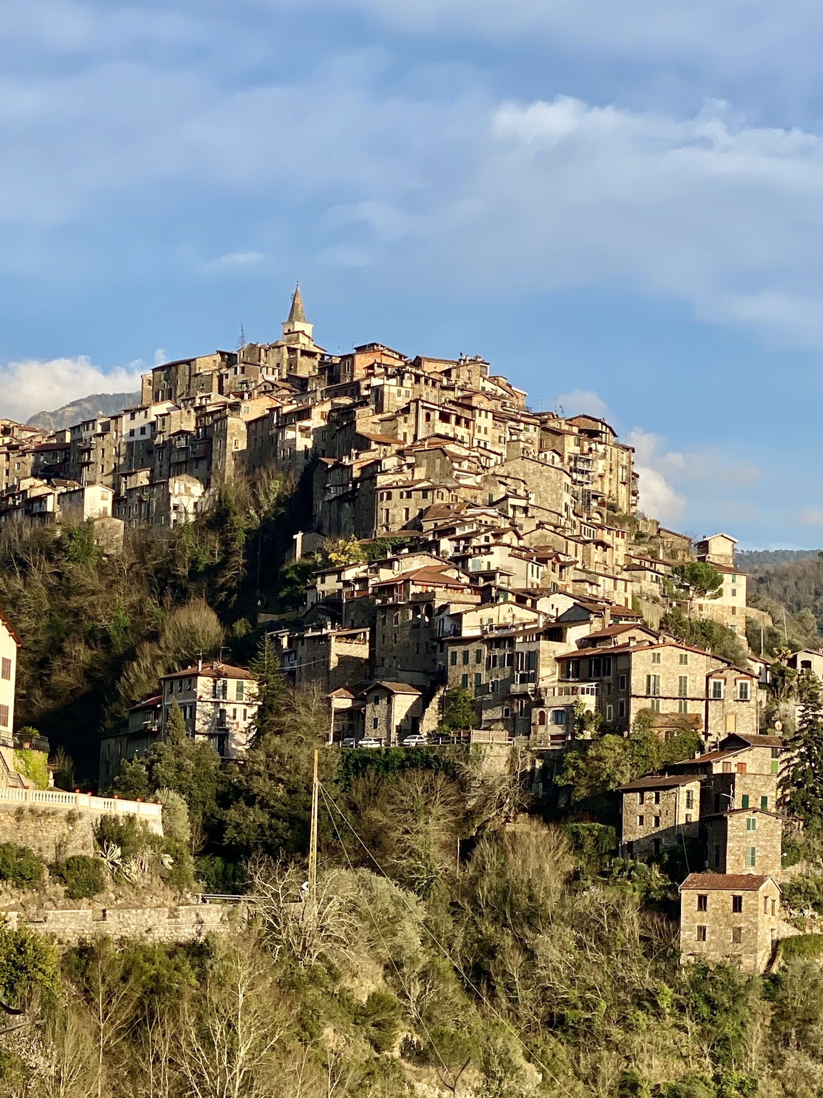 Un village pittoresque, niché sur une colline et caractérisé par ses maisons traditionnelles en pierre, son clocher imposant et un mélange de bâtiments résidentiels et, peut-être, commerciaux.