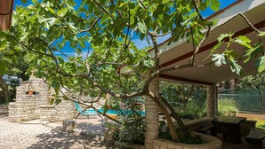 A stone-built outdoor area with a tree, a stone bench, and a pool. - Stunning  villa for 6 guests with pool, A/C, WIFI, TV, terrace and pets allowed (Krnica)
