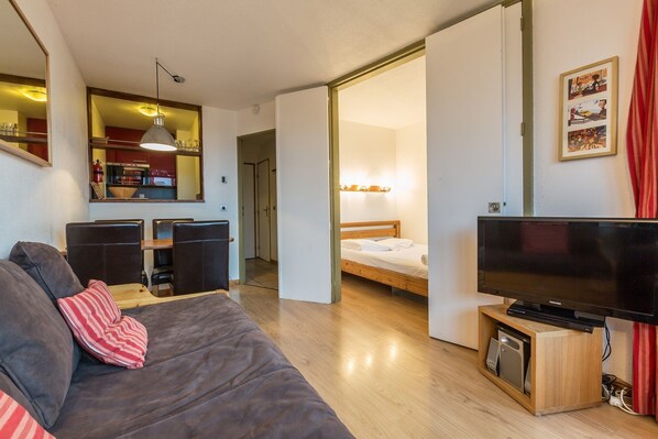 A compact living space with a sofa, a bed, a TV, and a kitchenette.