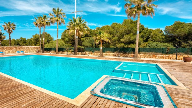 Una piscina con cubierta de madera, rodeada de palmeras y un muro de piedra.