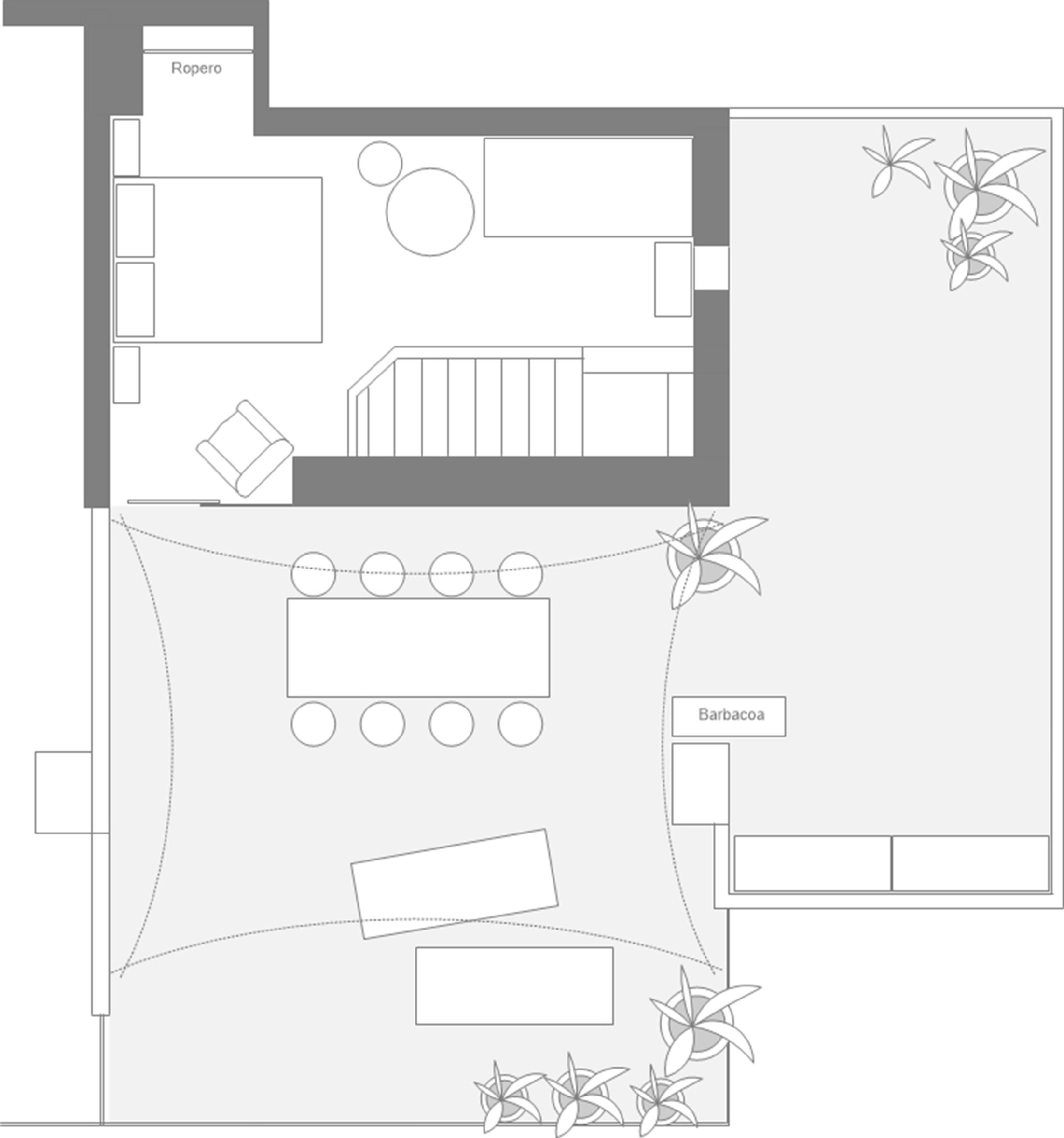 Ein Grundriss mit Barbereich, Sitzgelegenheiten und Grillplatz.