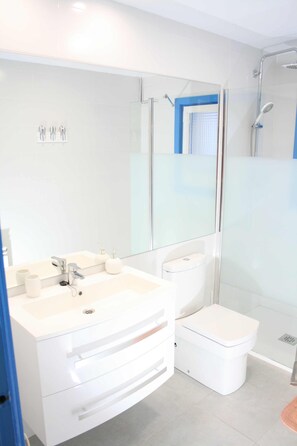 Shower, hair dryer, towels, soap