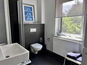 Dusche, Haartrockner, Handtücher, Seife
