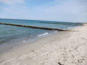 A sandy beach with calm waters and wooden groynes extending into the sea.