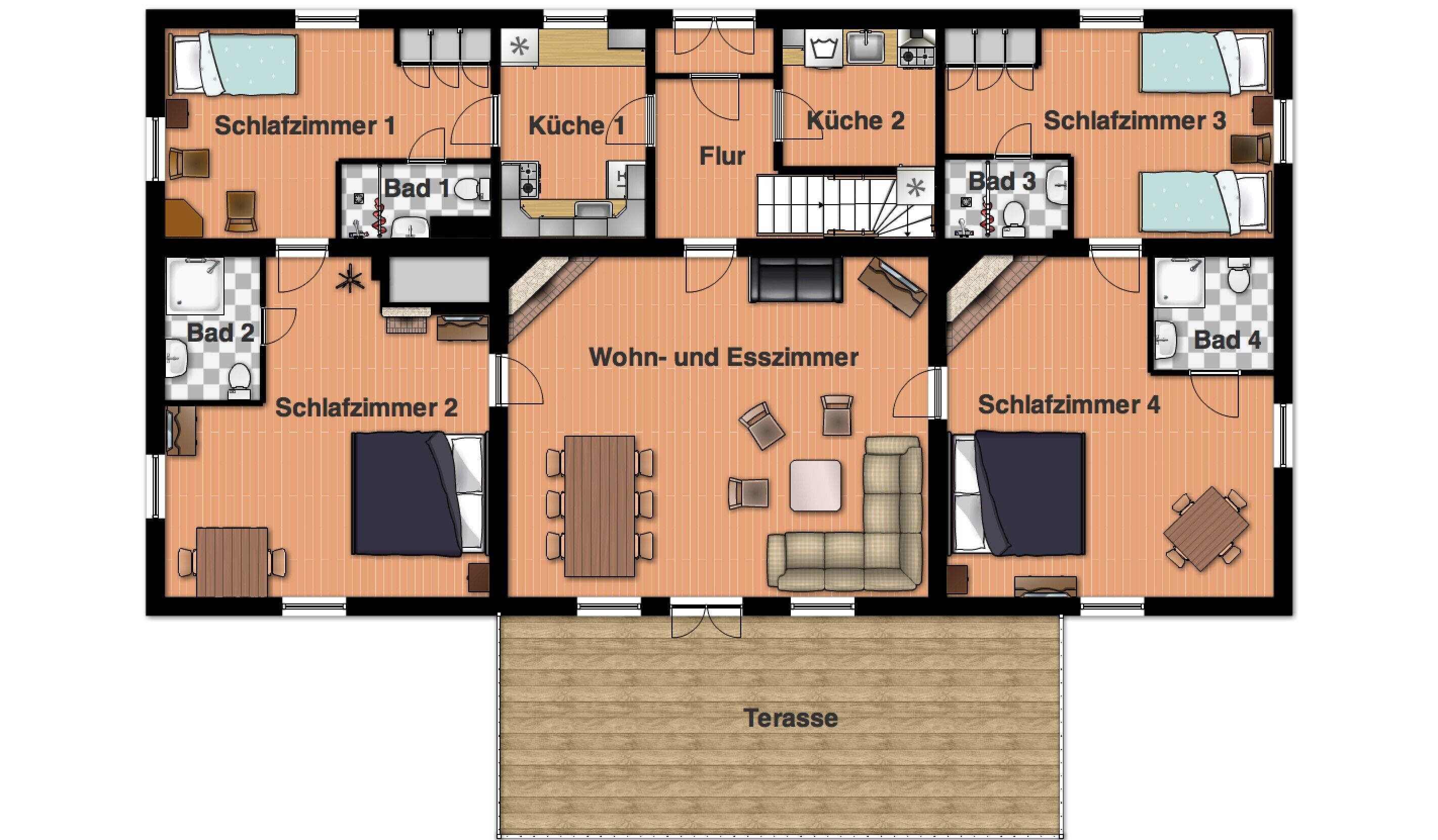 A hotel floor plan with four bedrooms, two kitchens, a living room, and a terrace.