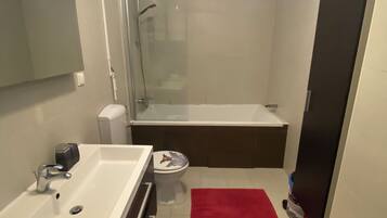 Bathtub, hair dryer, towels, toilet paper