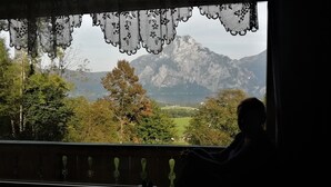 A person sitting by a window overlooking a mountainous landscape.