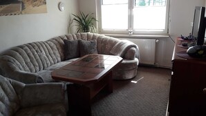 Un salon comprenant un grand canapé à capitons, une table basse en bois, une petite table d’appoint, une plante en pot et un radiateur.
