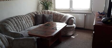 A living room with a large, tufted sofa, a wooden coffee table, a small side table, a potted plant, and a radiator.