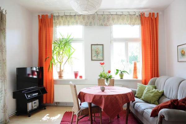 Sehr gemütliches u. stilvolles Wohnzimmer mit TV und Balkon