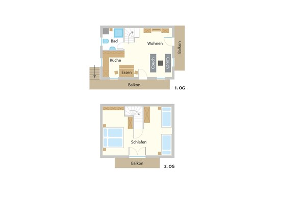 Dos planos de planta de un edificio con habitaciones identificadas, incluyendo cocina, baño y sala de estar.