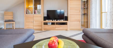 Televisie, een dvd-speler, boeken en een stereo