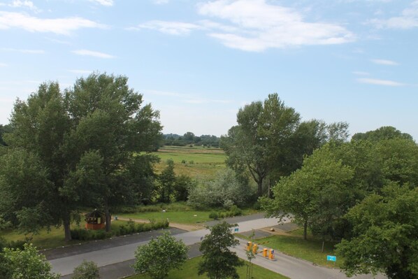Ländliche Landschaft mit einer Straße, Bäumen und einem kleinen Gebäude.