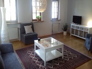 Un salon avec un canapé, une table basse en verre, un téléviseur et un radiateur.
