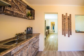 Fridge, oven, stovetop, coffee/tea maker