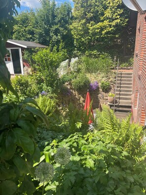 Een tuin met verschillende planten en een stenen muur.
