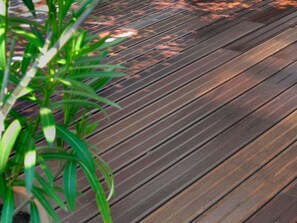 Una terraza de madera con una planta en maceta.