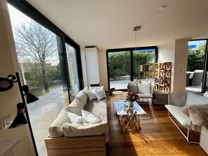 Télévision, cheminée, chaîne hi-fi