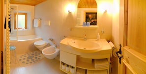 Combined shower/tub, hair dryer, bidet, towels