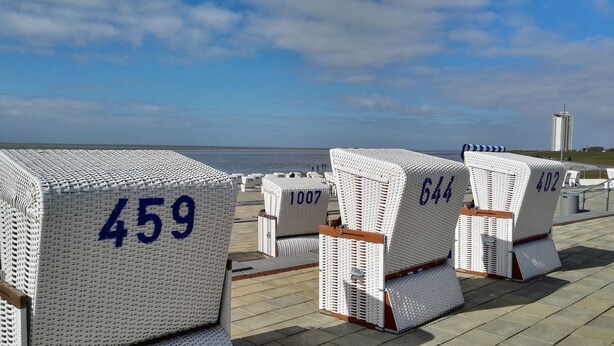 Rijen witte rieten stoelen met nummers, gerangschikt op een terras met uitzicht op zee en gebouwen op de achtergrond.