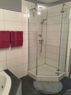 Bathtub, hair dryer, towels, toilet paper