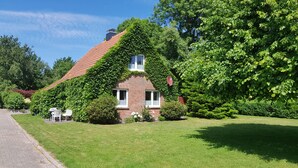 Ein Haus mit einem begrünten, geneigten Dach, umgeben von üppiger Vegetation.