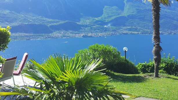 Vista de un lago con montañas al fondo, una palmera y una silla con cojín.
