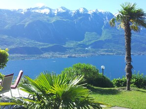 A view of a lake with mountains in the background, a palm tree, and a chair with a cushion. - Villa with private pool and unobstructed sea and mountain view (Bazzanega)