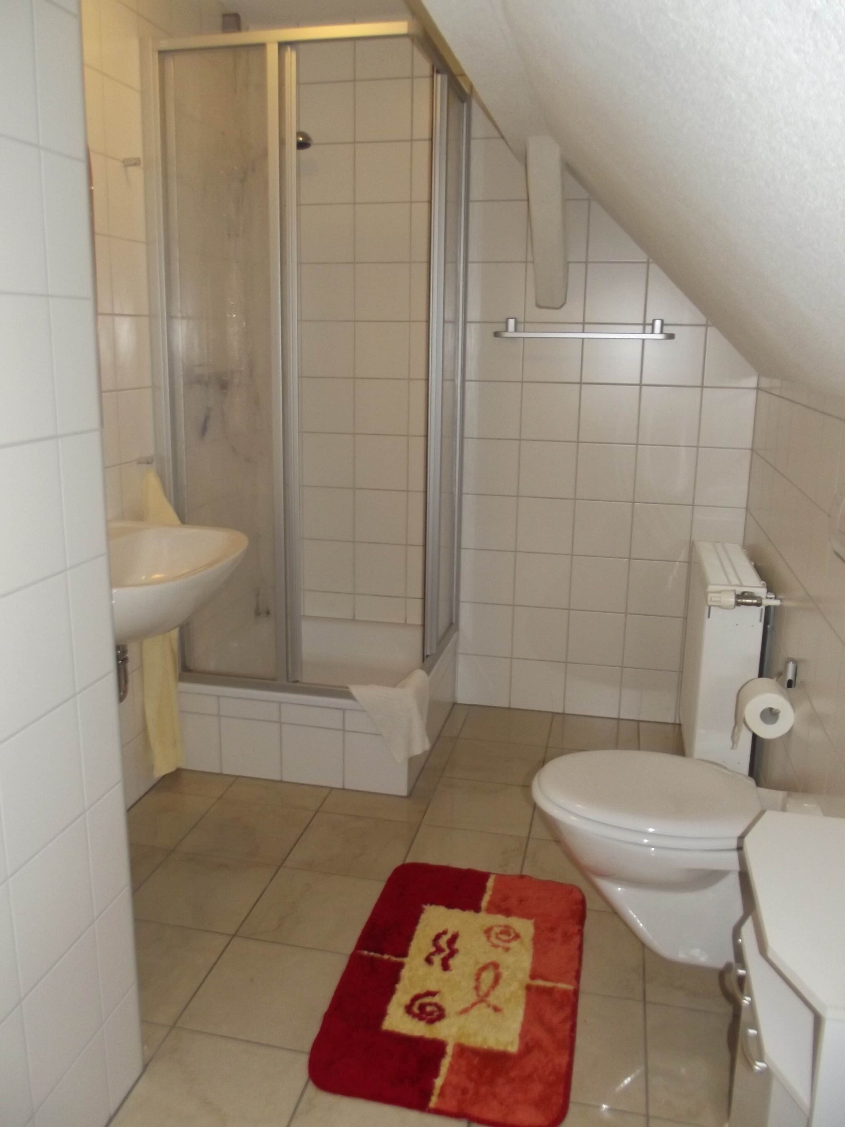 Ein Badezimmer mit Dusche, Toilette, Waschbecken und einer roten Teppich.