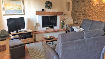 Smart TV, fireplace, DVD player, books