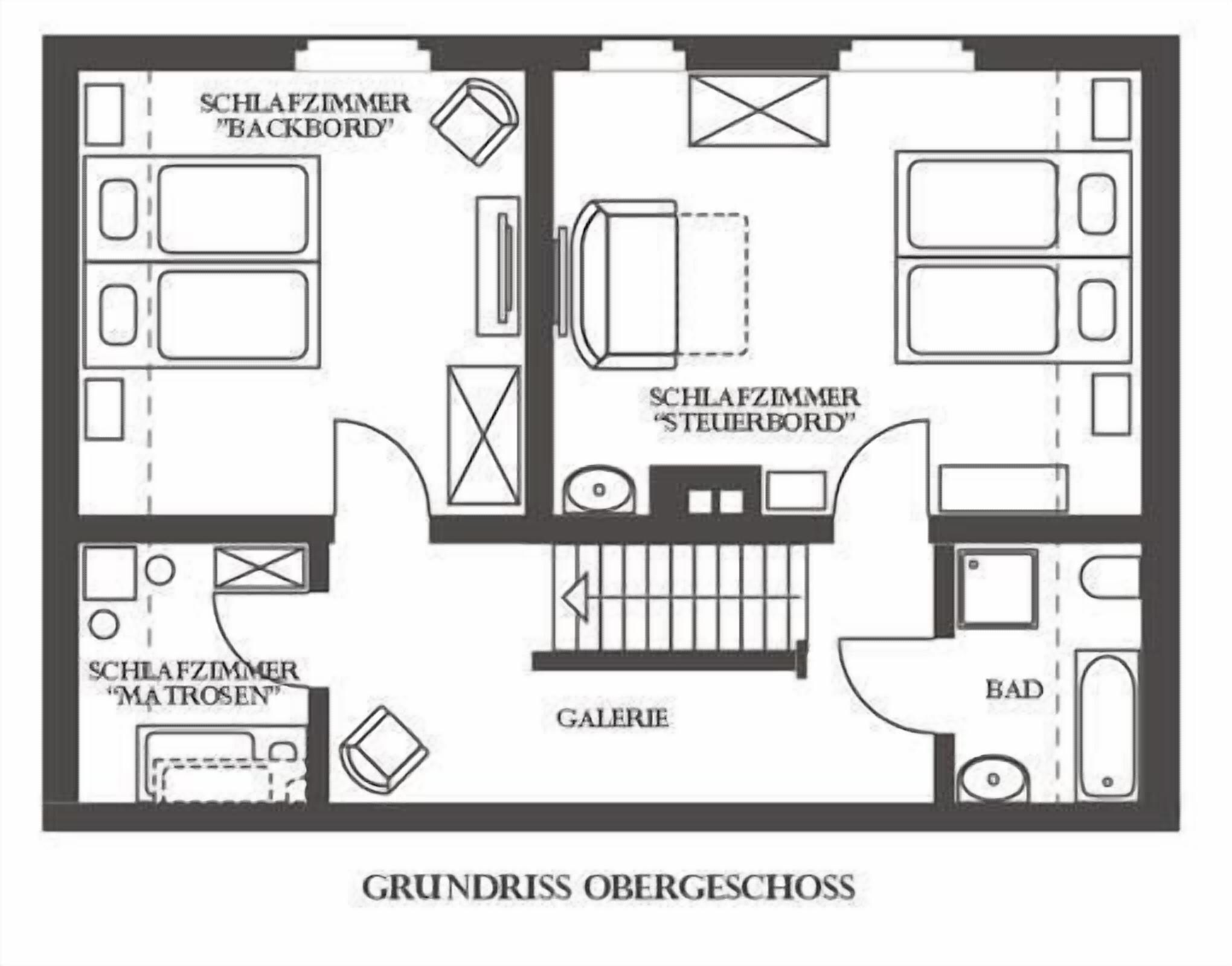 Plano de distribución de un hotel con habitaciones identificadas como 'Backbord', 'Steuerbord' y 'Matrosen'. Incluye una galería y un baño.