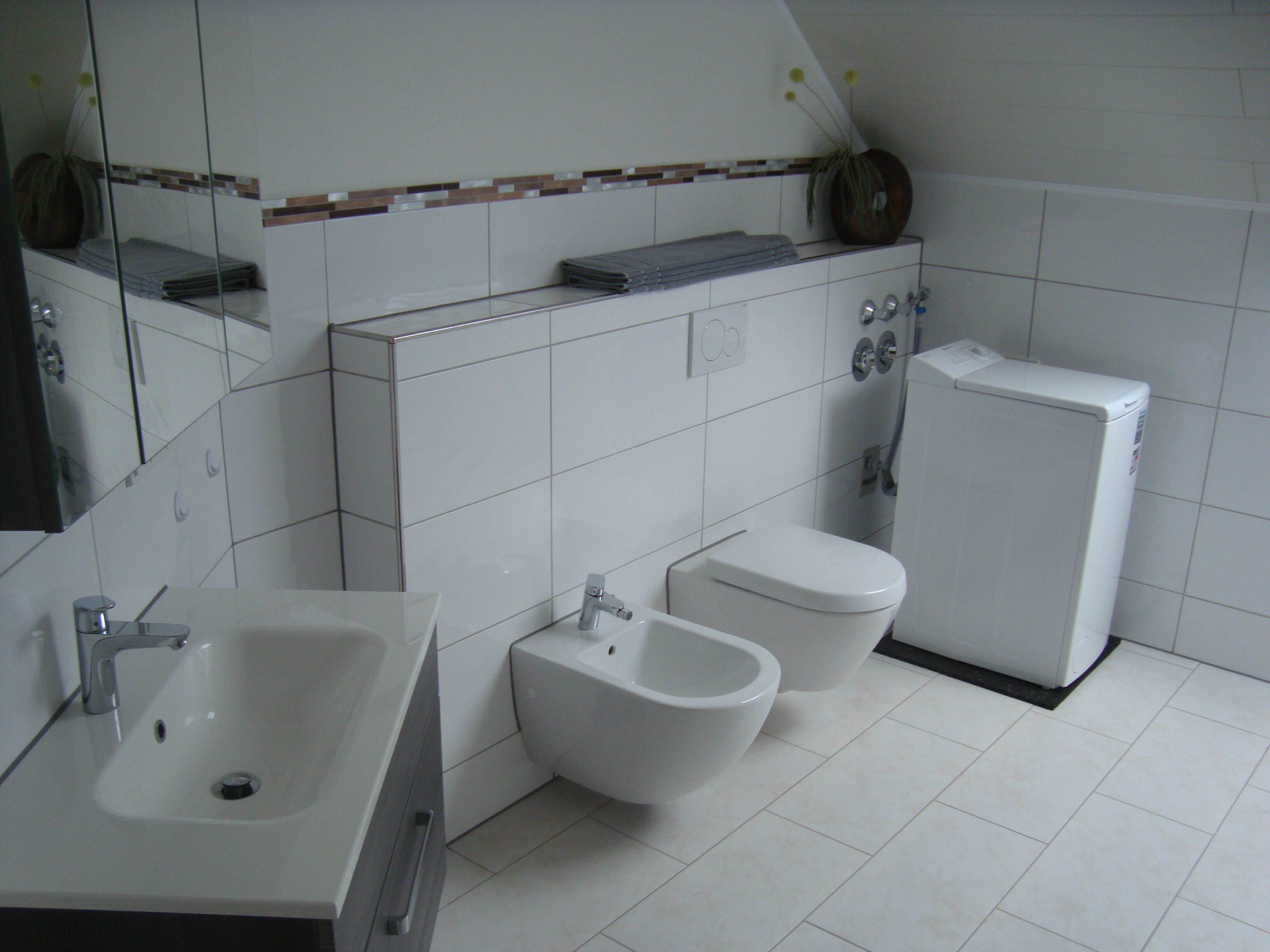 Combined shower/tub, hair dryer, bidet, towels