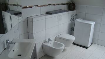Combined shower/tub, hair dryer, bidet, towels