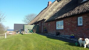 A brick house with a thatched roof, a small garden, and a dog in the foreground. - North Sea Near Apartment under thatch (Ockholm)