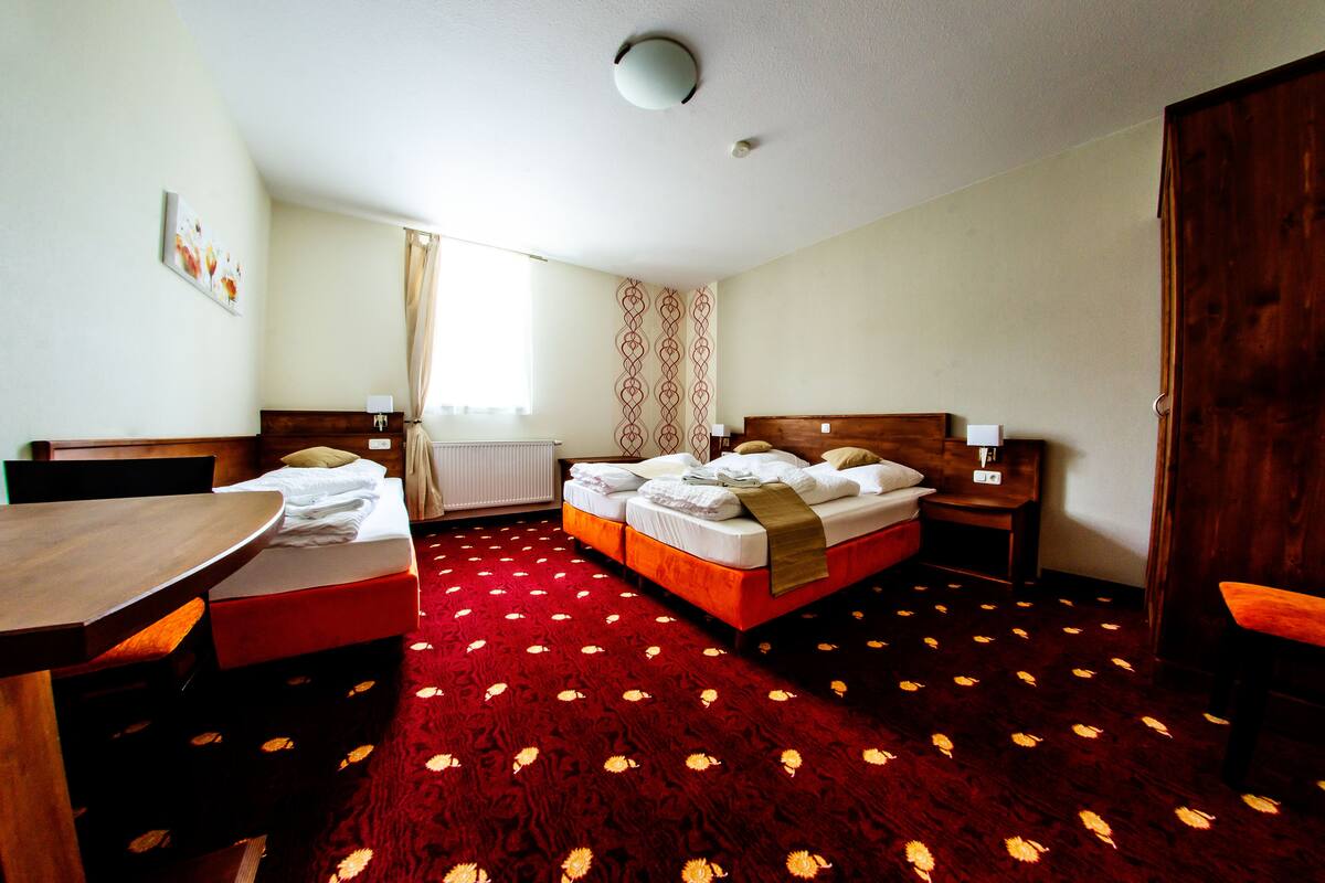 Hypo-allergenic bedding, desk, blackout curtains, soundproofing