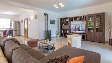 Smart TV, chimenea, reproductor de DVD, libros