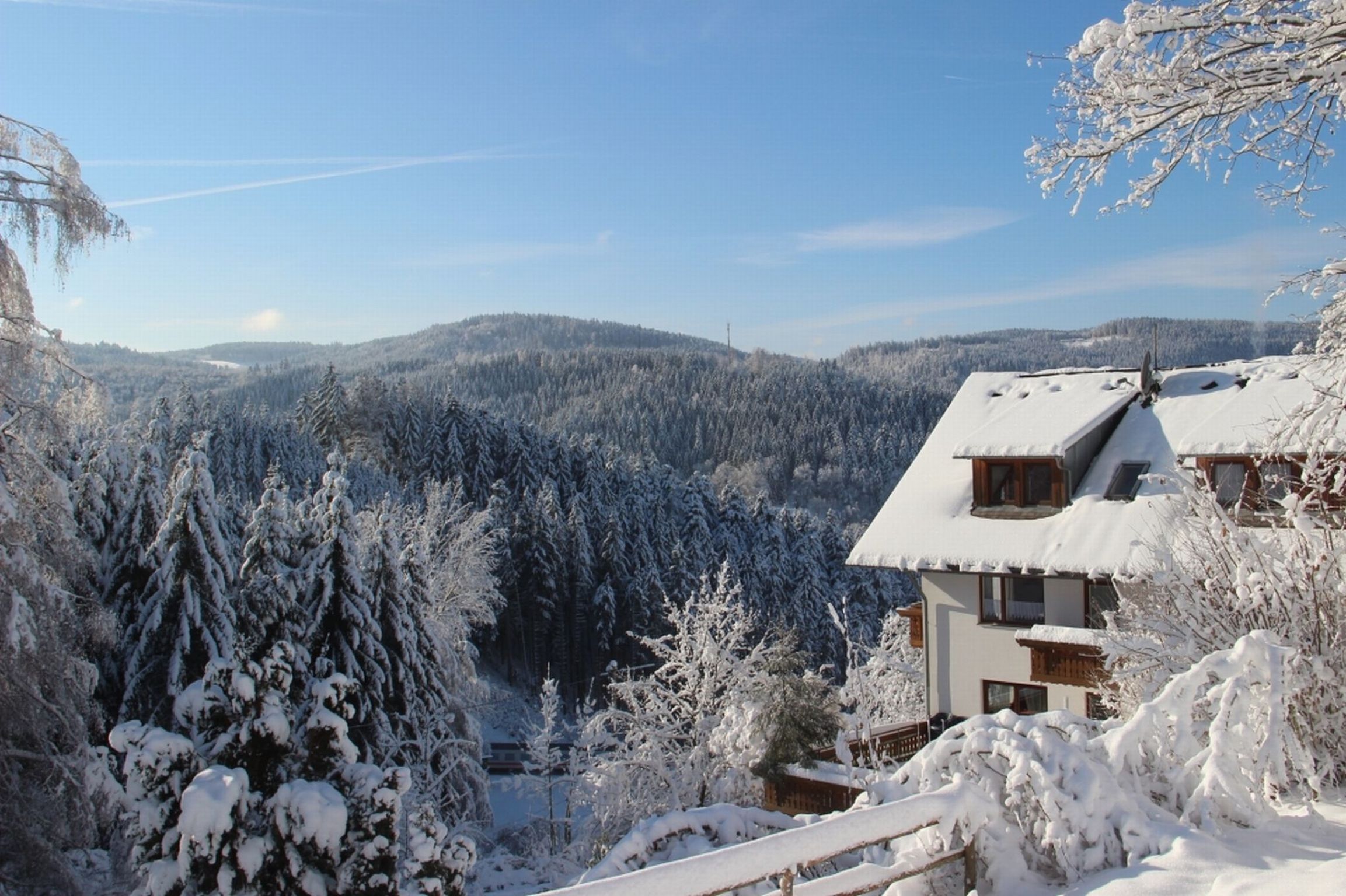 A snow-covered landscape with a building featuring a sloped roof and multiple windows.