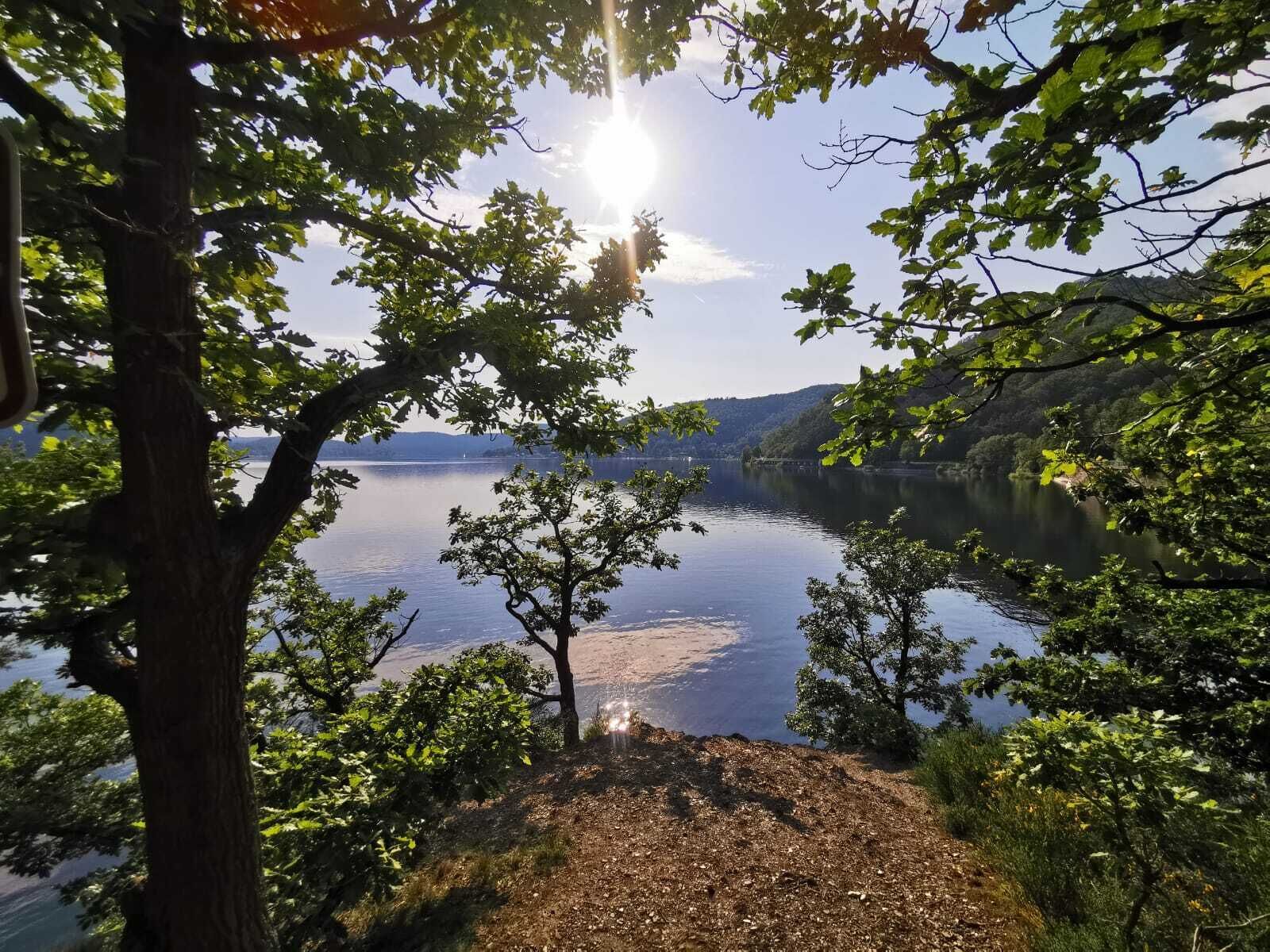Un paysage naturel avec un lac, des arbres et un ciel dégagé.