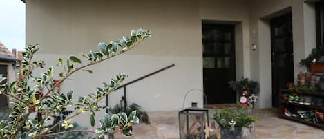A stone patio with potted plants, a lantern, and a door leading to a building.