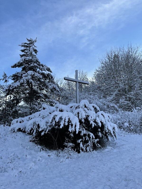 A snow-covered cross on a hill with trees in the background.