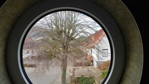 A view through a circular window of a residential street with houses and a tree.