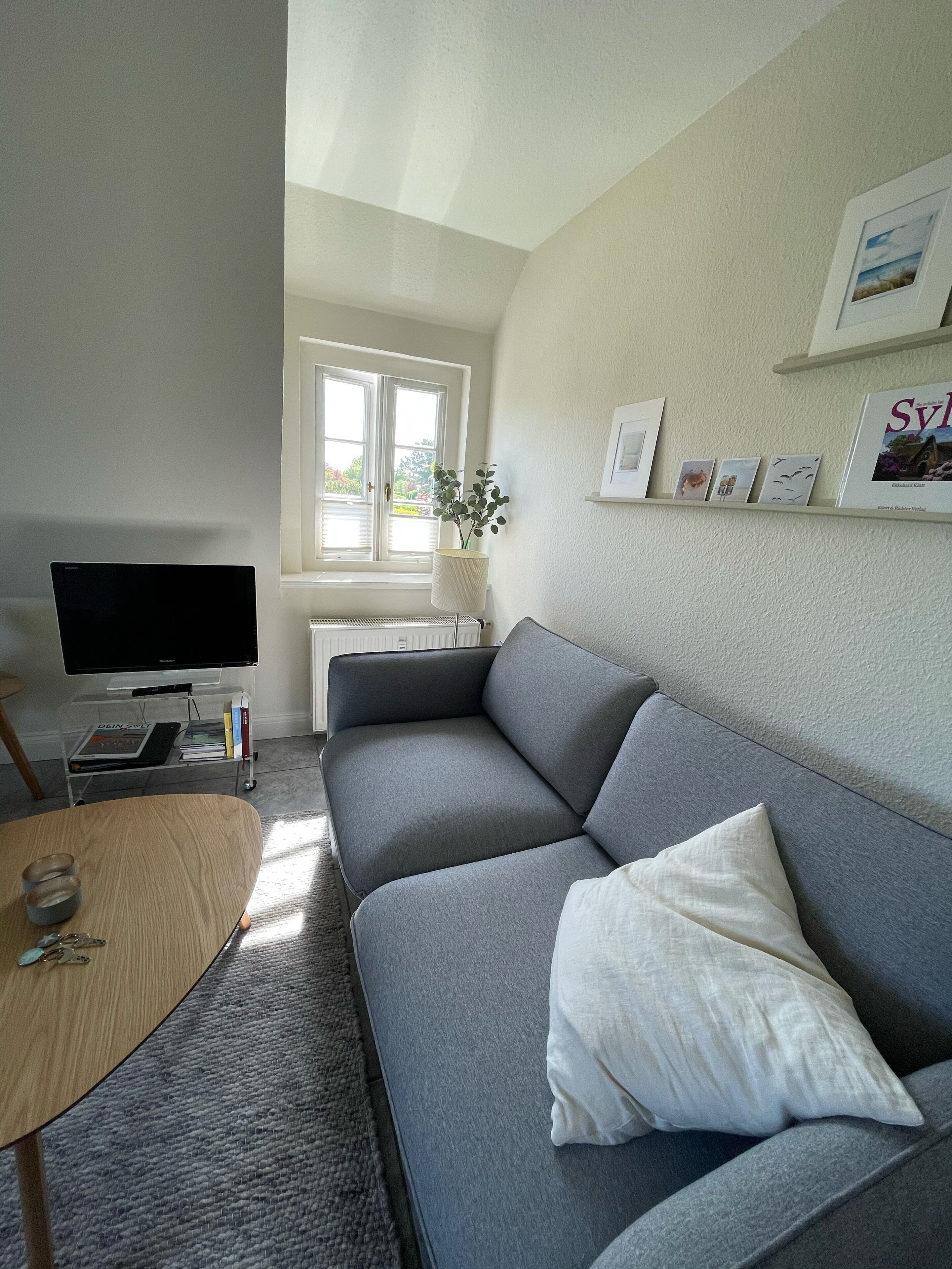Una sala de estar con un sofá gris, una mesa de centro, un televisor de pantalla plana, una estantería y un ventanal con persianas.