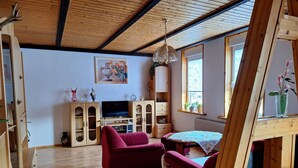 Un salon chaleureux avec un parquet, des canapés rouges, un téléviseur, des meubles en bois et une grande fenêtre.