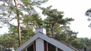 A red and white cabin with large windows and a chimney, surrounded by trees and overgrown vegetation. - House in the dunes (Mecklenburg Vorpommern)