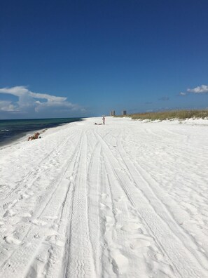A wide, sandy beach with tire tracks leading towards the ocean. - *** Luxurious Villa at River ***  (Florida)